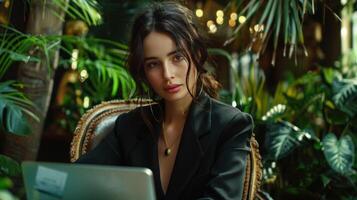 Attractive young woman in formal suit, using laptop computer having conversation on call photo