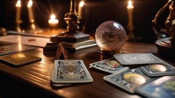 Close up shot of tarot cards and magic crystal ball photo