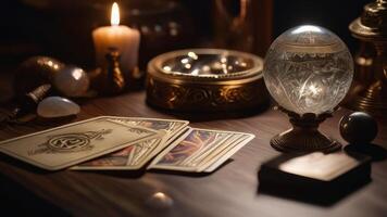 Close up shot of tarot cards and magic crystal ball photo