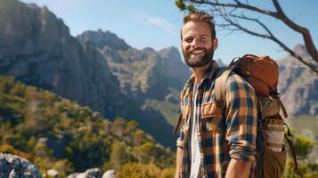 Happy man with backpack for hiking mountain, travel or sightseeing photo