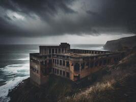 Abandoned building on a cliff, with a stormy sea below photo