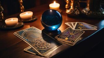 Close up shot of tarot cards and magic crystal ball photo