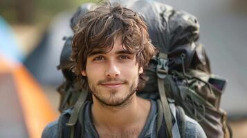 Happy man with backpack for hiking mountain, travel or sightseeing photo