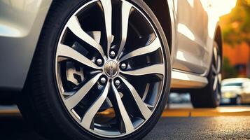 Close up detailed shot of car wheel photo