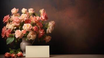 A bouquet of beautiful flowers in a vase on the table next to a blank card photo