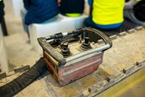 Close up at controlling lever swtich of crane truck vehicle, using to operate for lifting system photo
