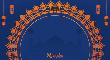 ramadan kareem greeting card with mosque and lanterns vector