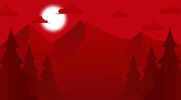 a red background with mountains and trees vector
