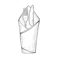 Sketch Line Art Fork, Knife, and Spoon, Napkin. cutlery set sketch vector