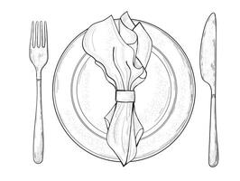 Table setting set. Fork, Knife, Spoon, plate sketch set. vector