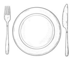 Sketch Line Art Fork, Knife, and Spoon, Plate. cutlery set sketch vector
