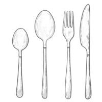 Sketch Line Art Fork, Knife, and Spoon. cutlery set sketch vector