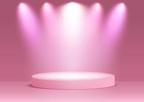 pastel pink display background with spotlights shining onto empty podium vector