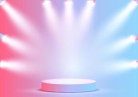pastel coloured display background with spotlights shining down on an empty podium vector