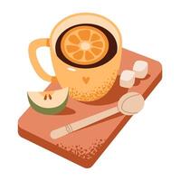 A cup of tea with lemon and a slice of apple. Flat illustration isolated on white background. vector