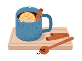 Cup of tea with lemon and cinnamon isolated on white background. Cozy tea party. Flat illustration vector