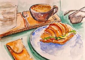 Sketch breakfast with croissant and coffee on the table in the cafe travel sketchbook hand drawn illustration vector