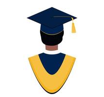 Graduate student portrait view from the back. Young man bust in graduation gown and cap. Design element for avatar, card, post, banner, flyer, scrapbooking. vector