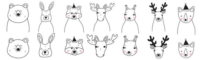 Collection of woodland animals. Simple design. Outline black and white illustrations on white background. vector
