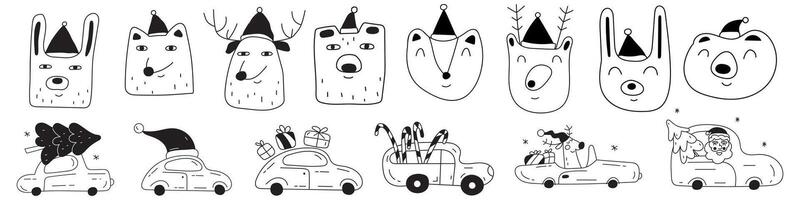 Set of elements for Christmas design. Animals wearing Santa's hat. outline design. Line art. Black and white colors. Illustrations on white background. vector