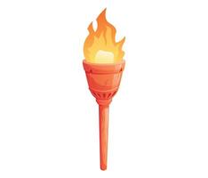 Ancient metal Medieval torch with burning fire. Cartoon element for pc game, flaming torchlight or lighting flambeau. isolated illustration. vector