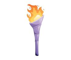 Ancient metal silver Medieval torch with burning fire. Cartoon element for pc game, flaming torchlight or lighting flambeau. isolated illustration. vector