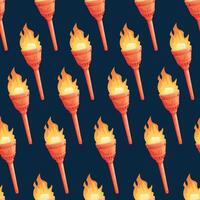Ancient metal Medieval torch with burning fire. Cartoon element for pc game, flaming torchlight or lighting flambeau. seamless pattern. vector