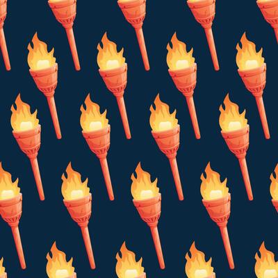 Ancient metal Medieval torch with burning fire. Cartoon element for pc game, flaming torchlight or lighting flambeau. seamless pattern.