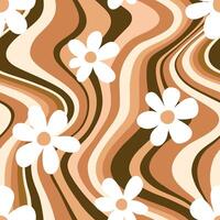 Seamless pattern with daisy flowers on a wavy background. Hand drawn groovy vintage background. Perfect for textile, wallpaper or print design. vector
