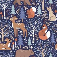 Seamless pattern with cute woodland animals. Hand drawn fawn, fox, squirrel, rabbit and bear. Pine tree, birch tree, mushroom, berry and leaf. Perfect for textile, wallpaper or print design. vector