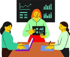 three women are sitting at a table with a laptop and a chart vector
