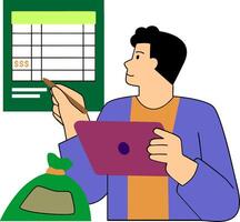 a man is holding a tablet and looking at a checkbook vector