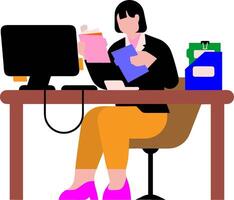 a woman sitting at a desk with a computer and a stack of papers vector