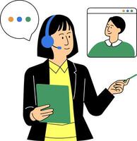 a woman with a headset and a tablet computer vector