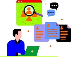man using laptop with search icon and people icons vector