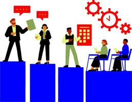 business people on a podium with a clock and a person standing next to them vector