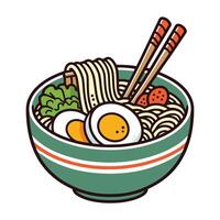 ramen noodles soup with eggs and meatballs on bowl and chopstick illustration vector