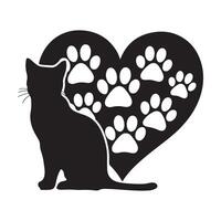 cat silhouette with heart and paw prints vector