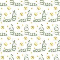 Cute pattern for childrens clothing and products, with cartoon caterpillars and flowers. Green characters and yellow flowers. For textile, card, banners, books, prints, wrapping, fabric, wallpaper. vector