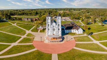 Basilica in Aglona, Latvia Aerial view of the white Catholic Church basilica in Latvia, Aglona photo