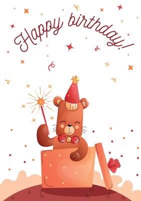 Childrens cute greeting card. Cute bear with a festive hat in a colorful gift box with holiday decorations. .