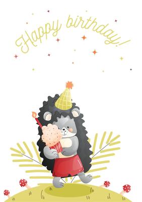 Childrens cute greeting card. A hedgehog dressed in a party hat celebrates a birthday with a cupcake in a sunny meadow.