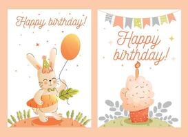 Childrens cute greeting card. A birthday card design featuring a rabbit, a balloon and a cupcake with a candle. . vector