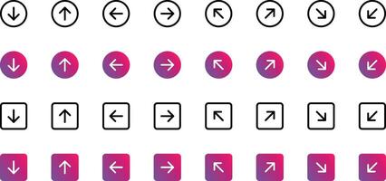 Arrows big black set icons, arrow icon, modern simple arrows, arrow collection cursor in gradient fill. Cursor arrow up down and symbol. Modern simple solid arrows in circle and square shape vector