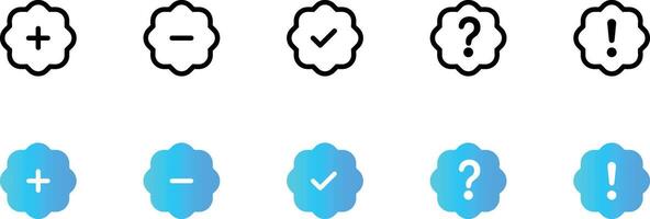 Patch plus minus badges icon set for interface. Set of new style gradient badges isolated on white. Math shapes icon set. Arrows illustration collection vector
