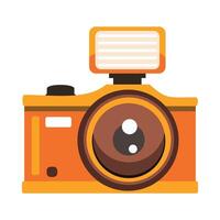 A stylized illustration of an orange and black camera with a large lens in the center, a flash attachment on top, and various buttons and details suggesting it is possibly a digital camera. vector
