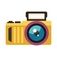A vibrant digital illustration of a camera with a large blue lens, a yellow body, and black details. The camera is depicted in a flat, graphic style, emphasizing its colorful and modern design vector
