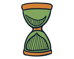 A stylized drawing of an hourglass with green and orange borders, featuring anthropomorphic patterns resembling a smiling mouth in both compartments vector