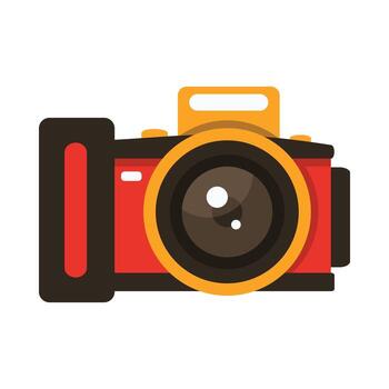 A stylized illustration of a camera with a beige body, large black lens, red button on the right side, and yellow and red accents at the bottom. The design is simple yet striking vector