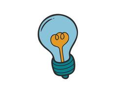 A hand drawn light bulb with a blue tint and yellow filament, symbolizing creativity and bright ideas. The illustration is simple and artistic. vector
